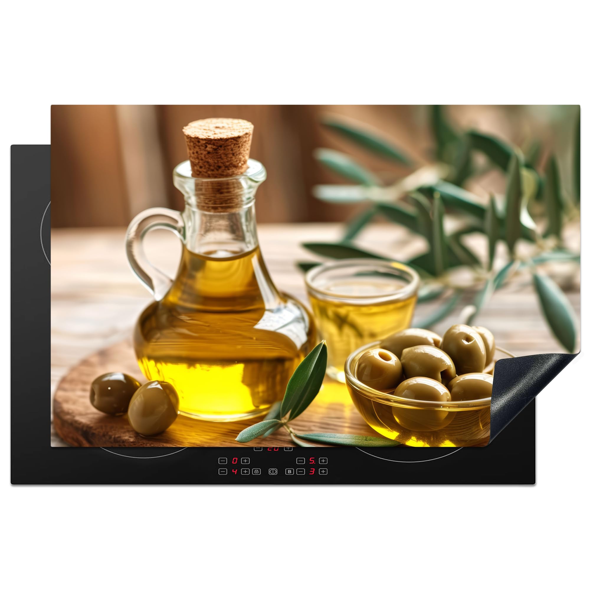 KitchenYeah© Induction Hob Protector Mat 20.5"x31.9" / 81x52 cm Stove Cap Top Cover Kitchen Cooker Covers for Electric Hobs Vinyl Olives - Shelf - Olive Oil - Leaves — image 1