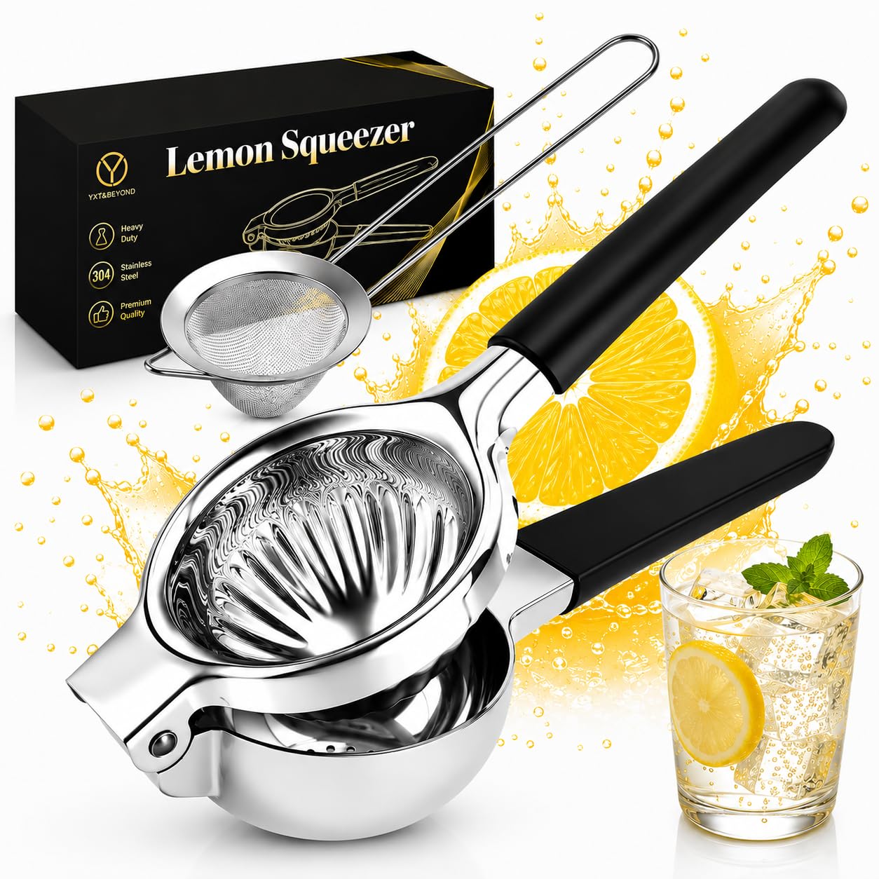 YXT&BEYOND Lemon Lime Squeezer Stainless Steel, Large Lemon Squeezer w/ 13 Filter Holes & Strainer, Manual Lemon Juicer Press -Fruit Squeezer-Hand Citrus Juicer with Non-Slip Handles, Dishwasher Safe