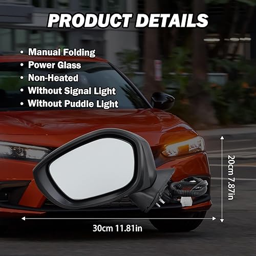 Miniatura 2 de Espejo lateral izquierdo del conductor compatible con Honda Civic SedanHatchback 2022, 2023, 2024, 2025, espejos con cristal eléctrico, sin