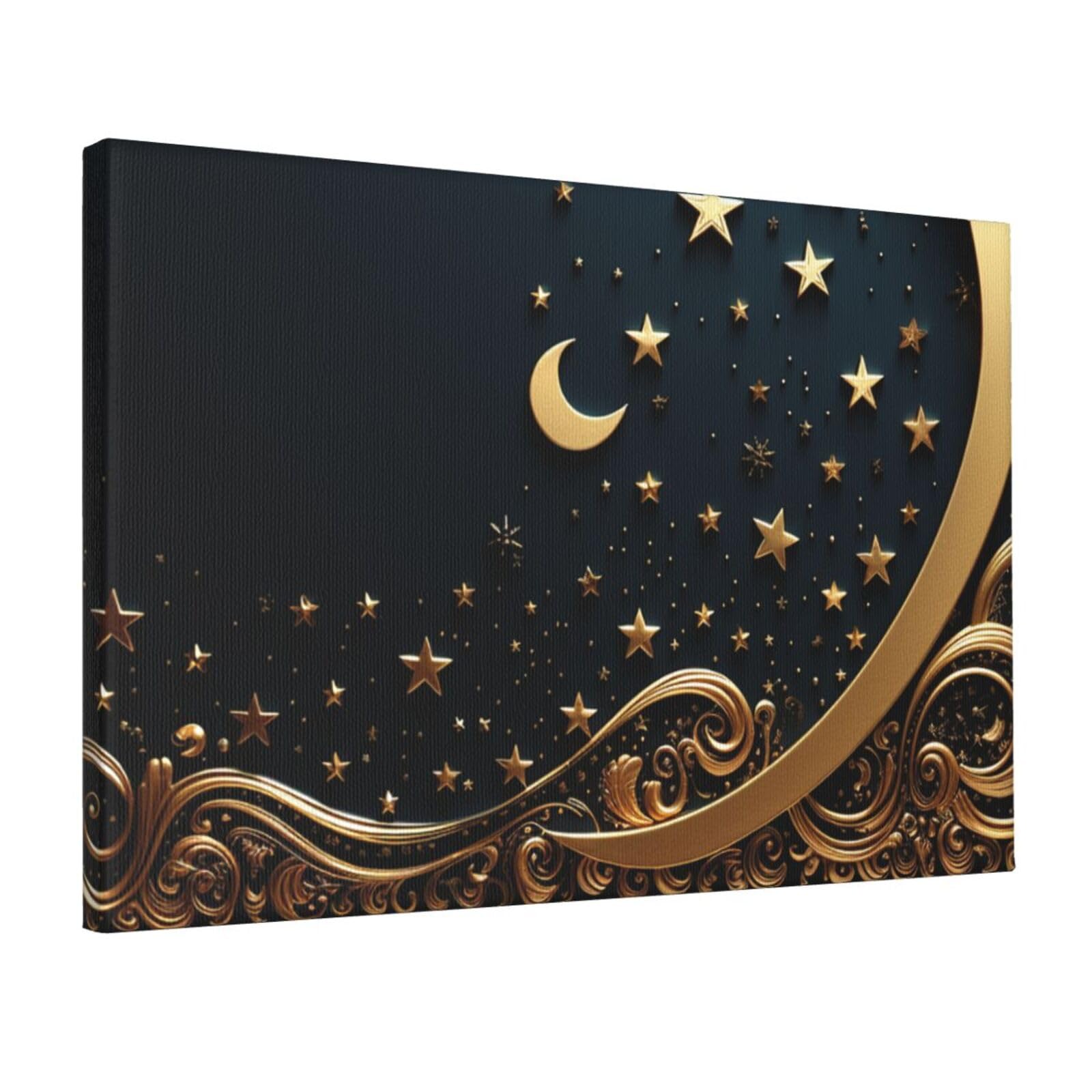 KLOPH Golden background and crescent moon Canvas Wall Art for Living Room 12"x18" Modern Artwork Painting for Bathroom Hanging Canvas Prints Aesthetic Wallart for Bedroom Kitchen Office Wall Decor