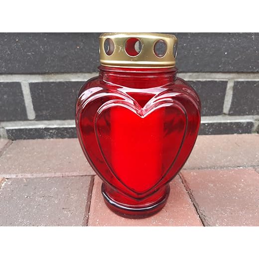 Grave candle mourning light heart shape red glass – 18 cm