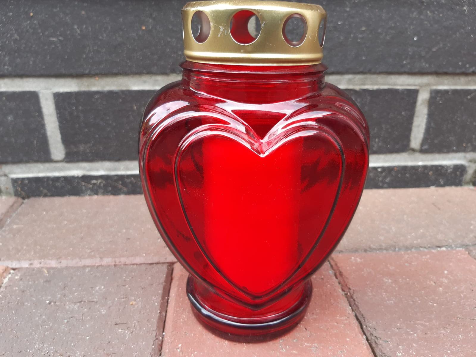 Grave Candle Mourning Light Heart Shape Red Glass Approx. 18 cm High