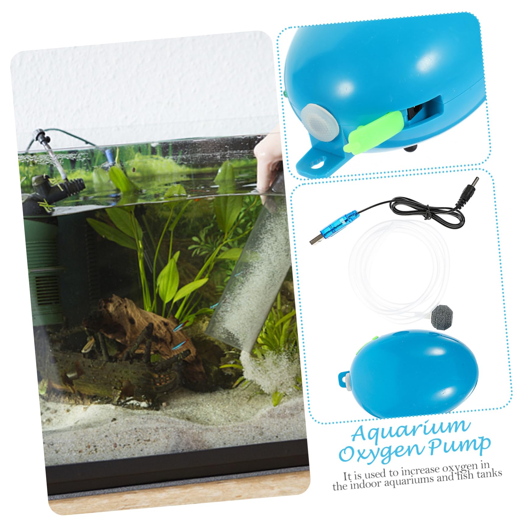 POPETPOP Bomba de oxigeno para pecera Agua Limpiador revestimientos Piscina Recargable Accesorios pecera Suministro Bomba de oxigeno Pesca Suministro de Pesca Metal Blue