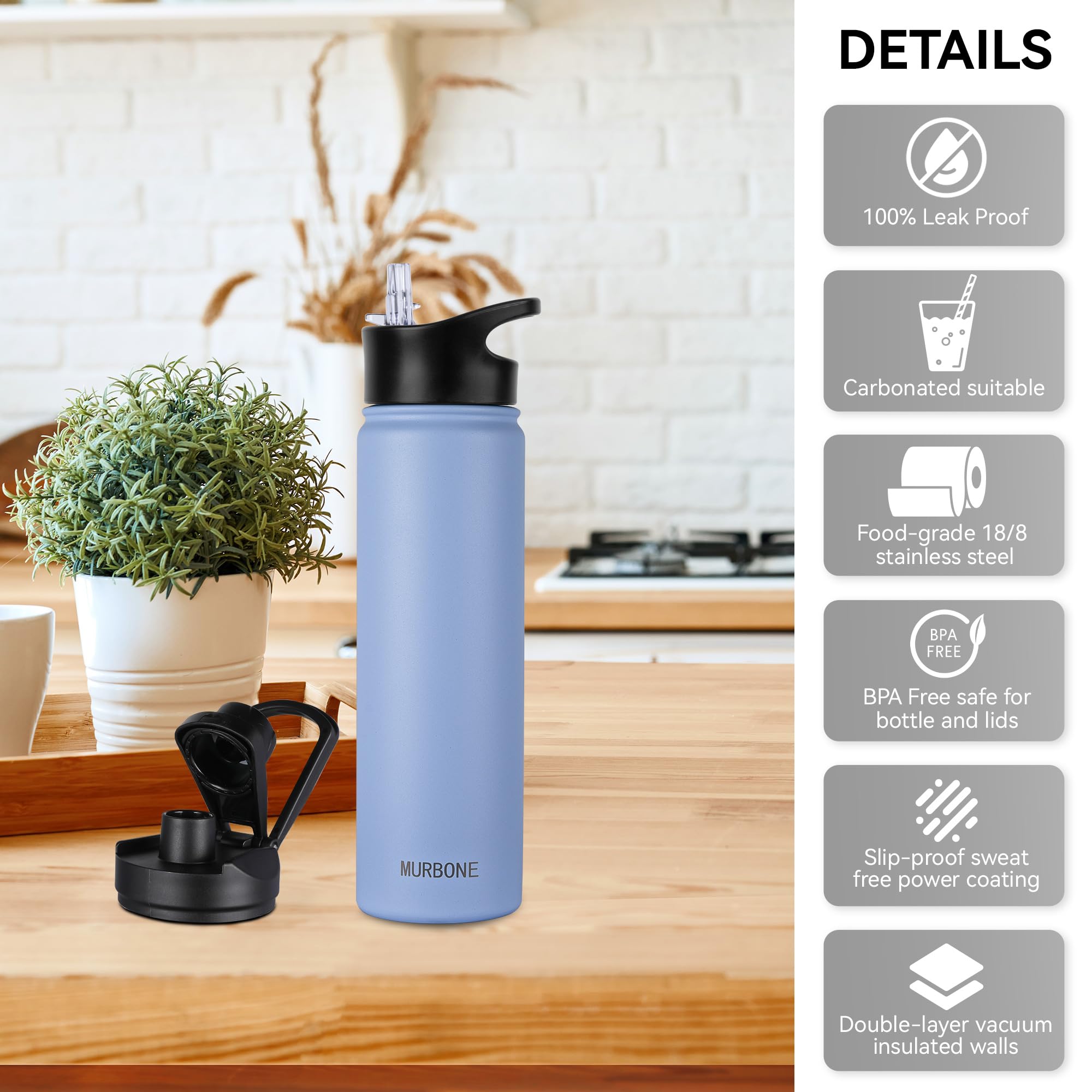 MURBONE Insulated Water Bottle, 750ml Stainless Steel Drink Flask with Straw, BPA Free, 2 Lids (Straw and Spout) - Image 4