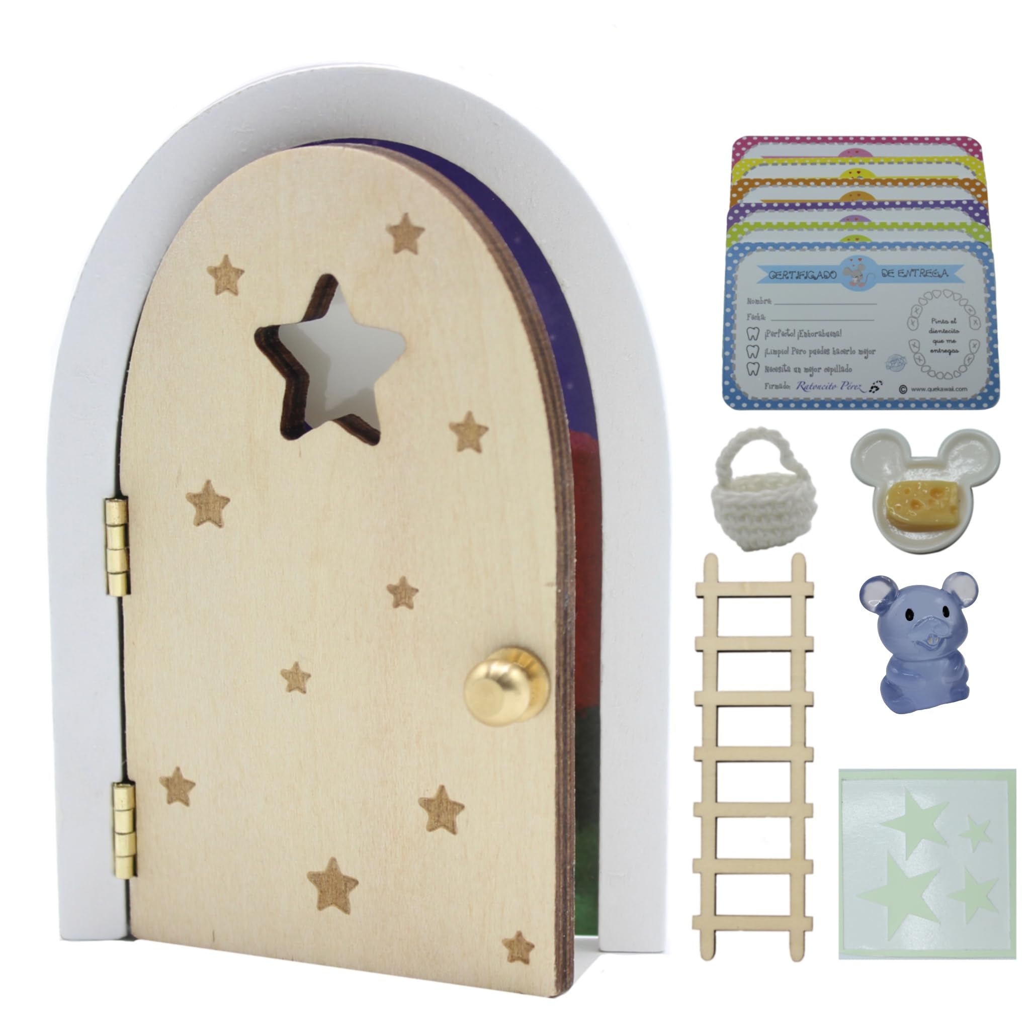 ORIGINAL. Kits mágicos Ratón Pérez – Puertas que brilla en la oscuridad con accesorios mágicos (Madera natural contrachapada ratoncito)