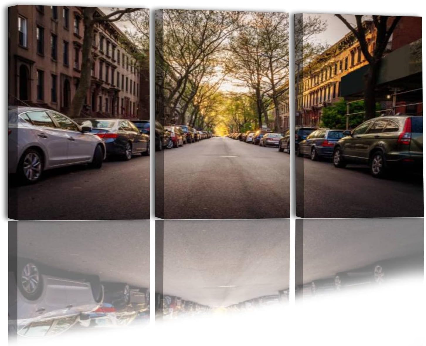 3 Piece Wall Art Painting On Canvas Brooklyn Brownstones and Cars on a Treelined Street Gallery Wrapped Modern Artwork for Living Room Bedroom Décor Ready to Hang