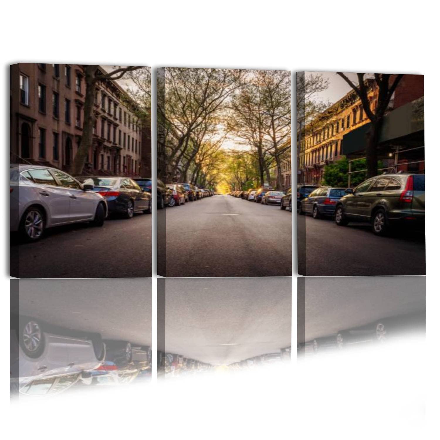 3 Piece Wall Art Painting On Canvas Brooklyn Brownstones and Cars on a Treelined Street Gallery Wrapped Modern Artwork for Living Room Bedroom Décor Ready to Hang