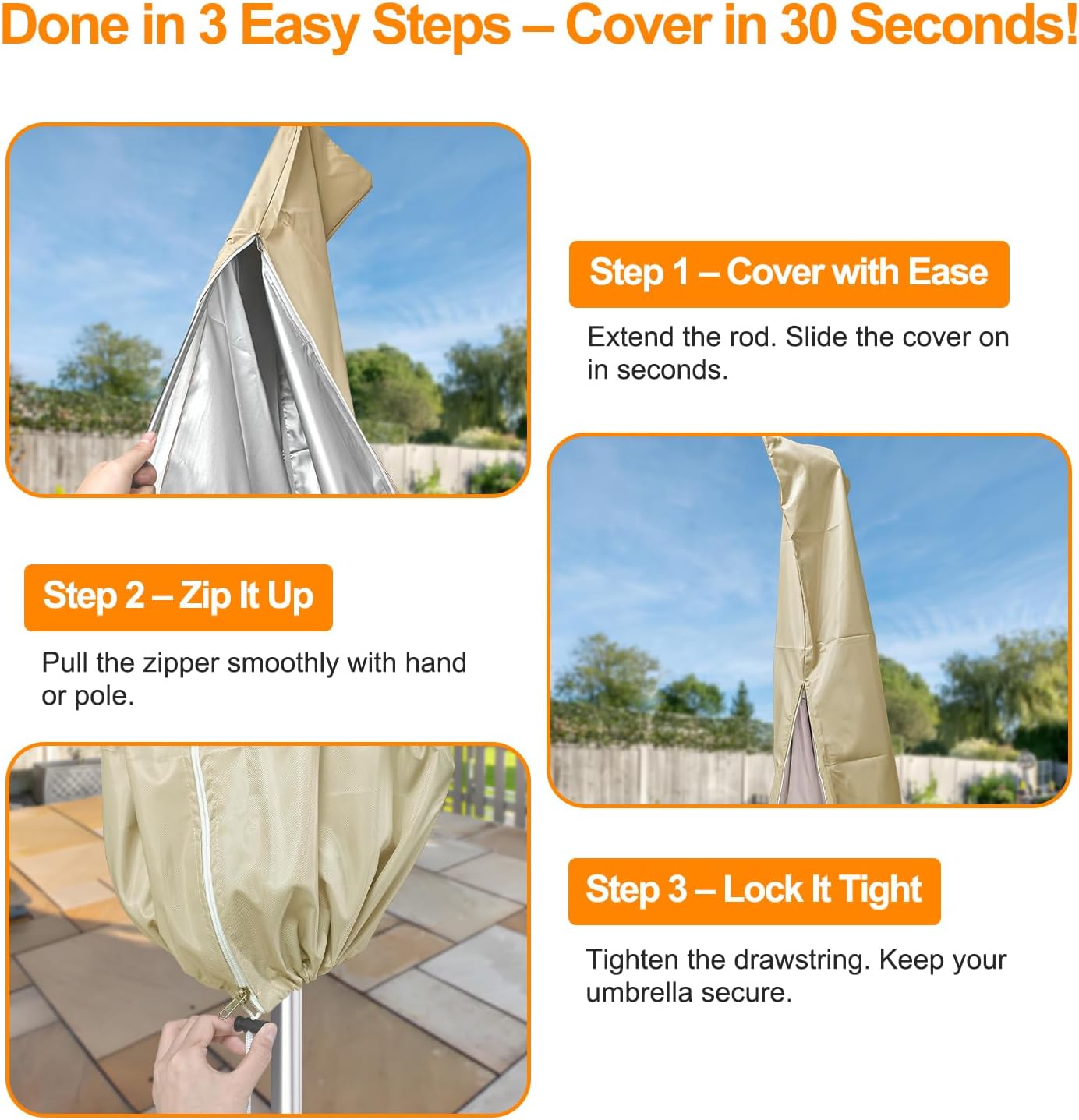 OKPOW Umbrella Covers for Outdoor Umbrellas - Small Patio Umbrella Cover for 6 ft to 9 ft Outdoor Table Umbrella - Waterproof Windproof Anti-UV Garden Parasol Covers, Khaki - Image 4