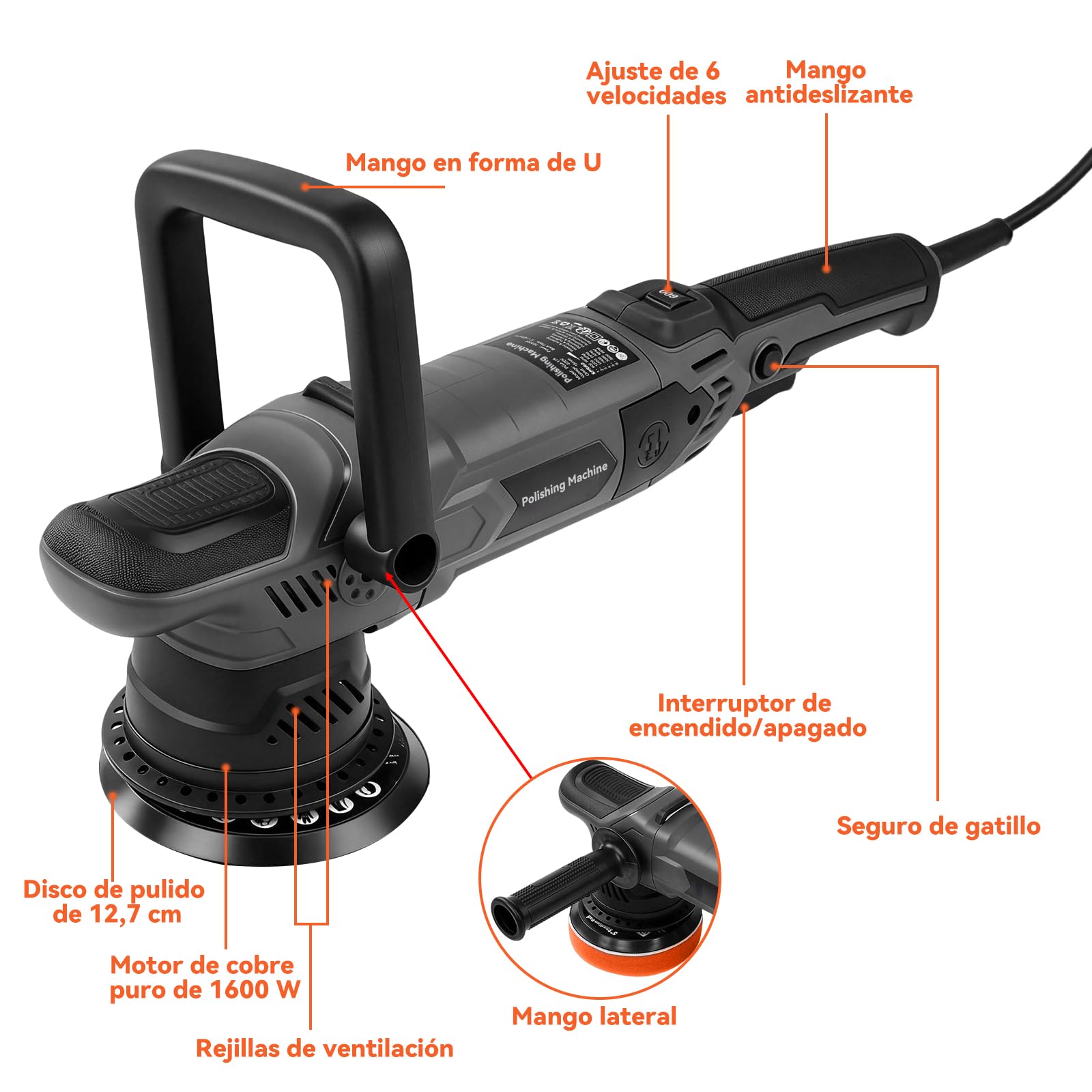 Pulidora Orbital Coche 1600W, 6 Velocidades Variables 600-3600RPM, 4M Cable, con 6 Almohadillas de Pulido, D-Mango Desmontable/Mango Lateral, Maquina de Pulir, para Detallar, Pulir y Encerar