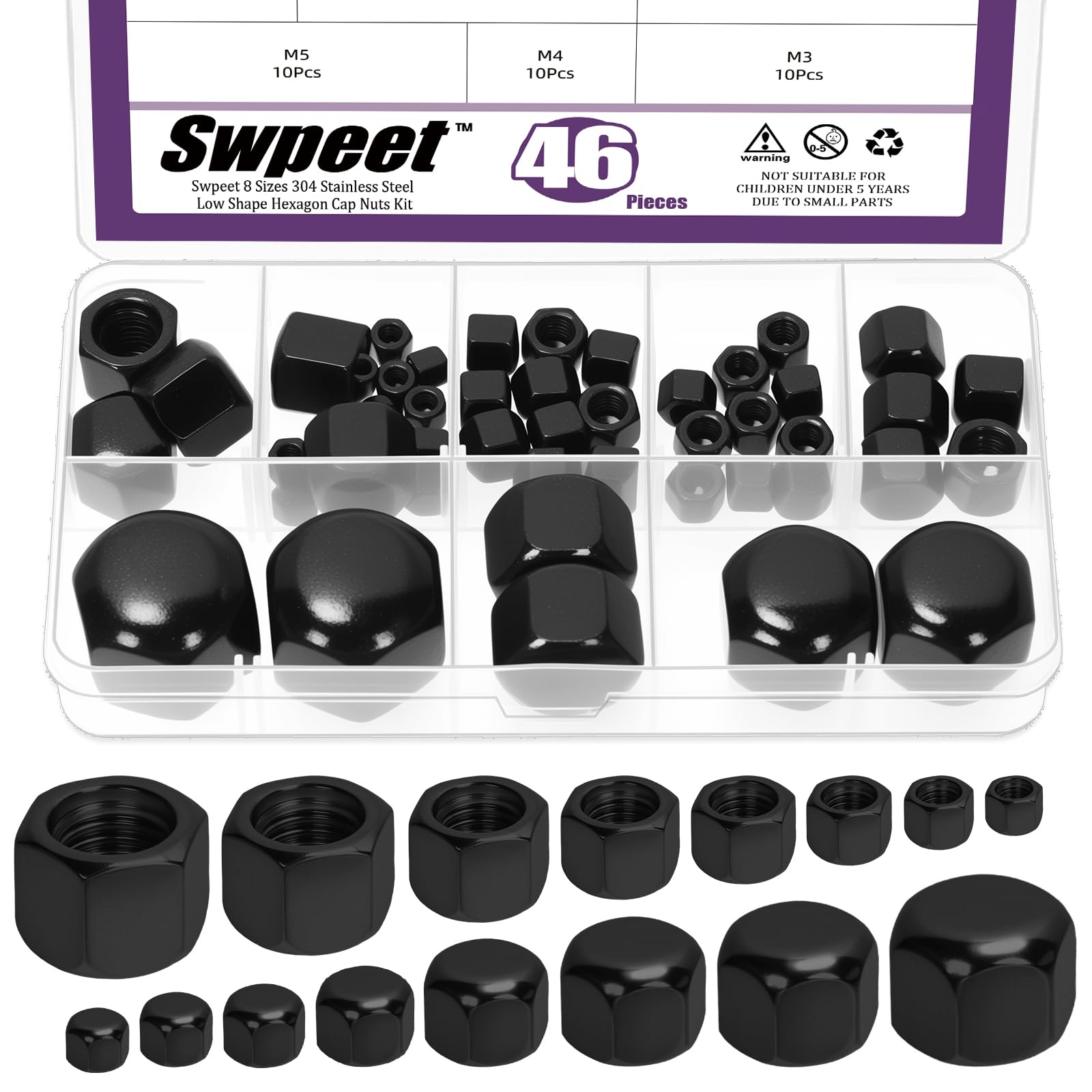 Swpeet 46Pcs 8 Sizes Black M3 M4 M5 M6 M8 M10 M12 M14 DIN917 304 Stainless Steel Short Low Cover Cap Acorn Nut Kit, Hexagon Low Type Thin Cap Acorn Nut, Hexagonal Cover Blind Nut for Furniture