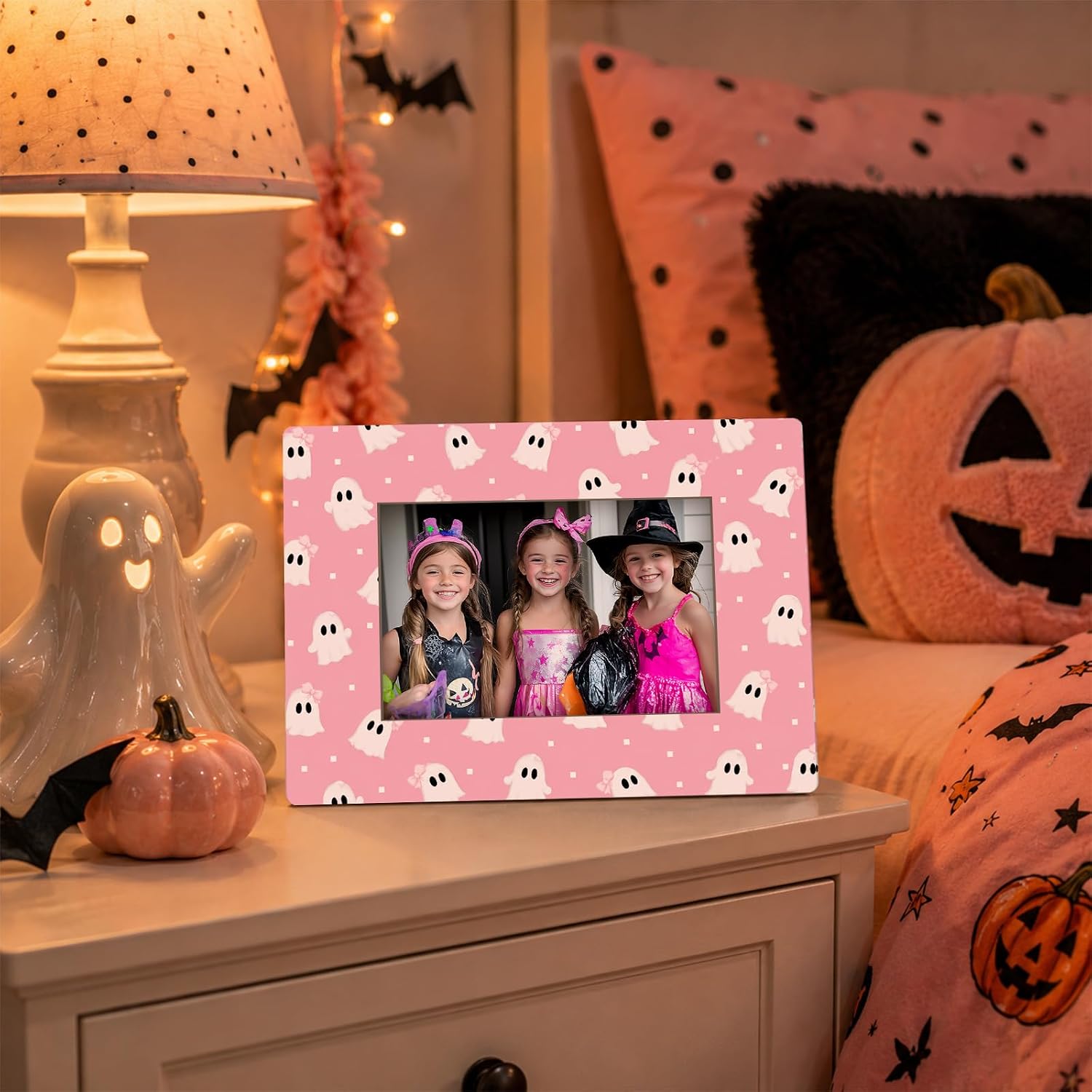 Halloween Picture Frame for 4x6 Photos, Pink Ghost Wooden Photo Frame, Cute Halloween Decor for Girls Bedroom Nursery Desk Shelf Display, Seasonal Holiday Gift Keepsake - A05 image 4
