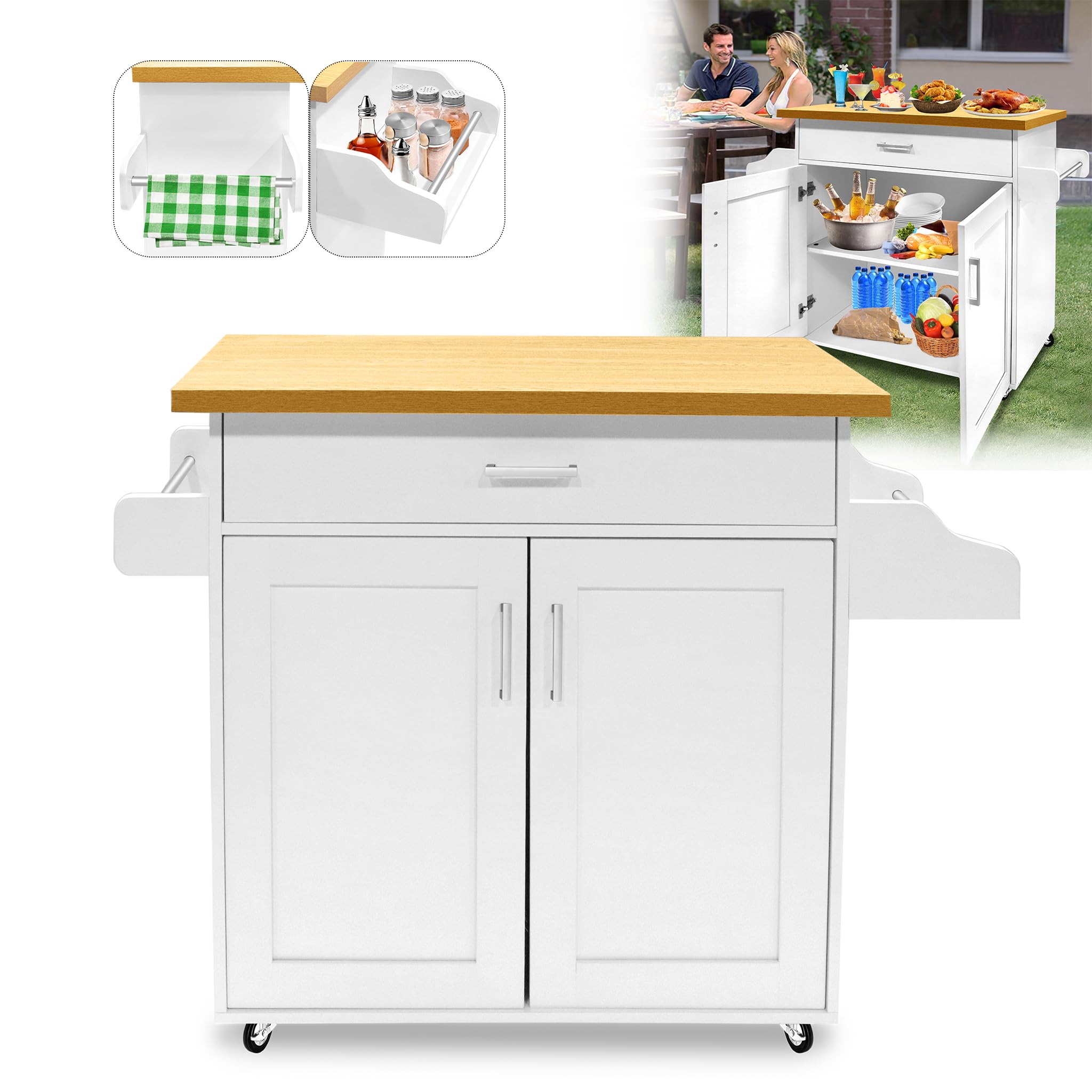 ACXIN Chariot de cuisine sur roulettes avec tiroirs et porte d'armoire, îlot de cuisine avec plan de travail, chariot de service pour cuisine, salle à manger, 115 x 36 x 90 cm, blanc