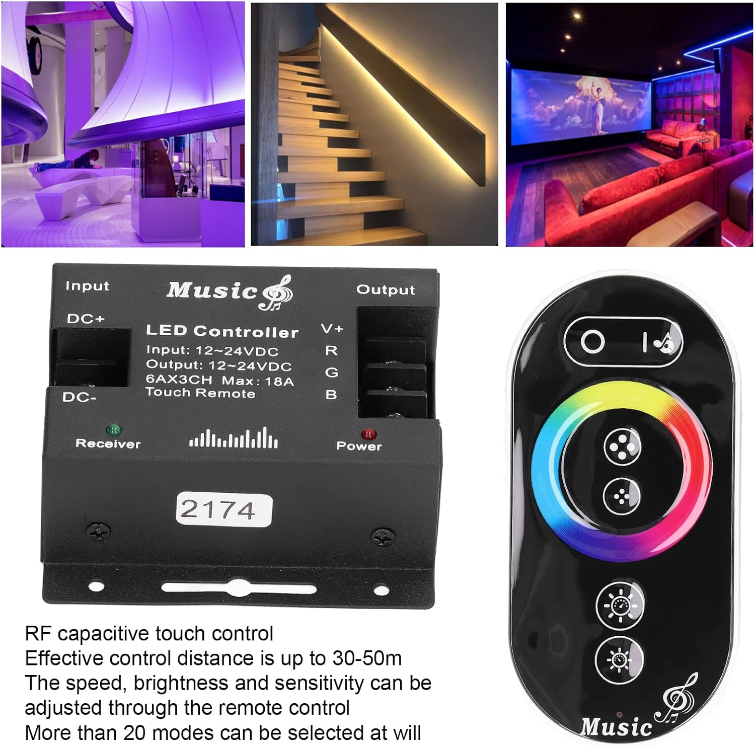 LED Controller, Music Touch Controller LED Touch Controller LED Music Controller High Sensitivety RGB Strip Light Controller for Household Bar DC 12V-24V