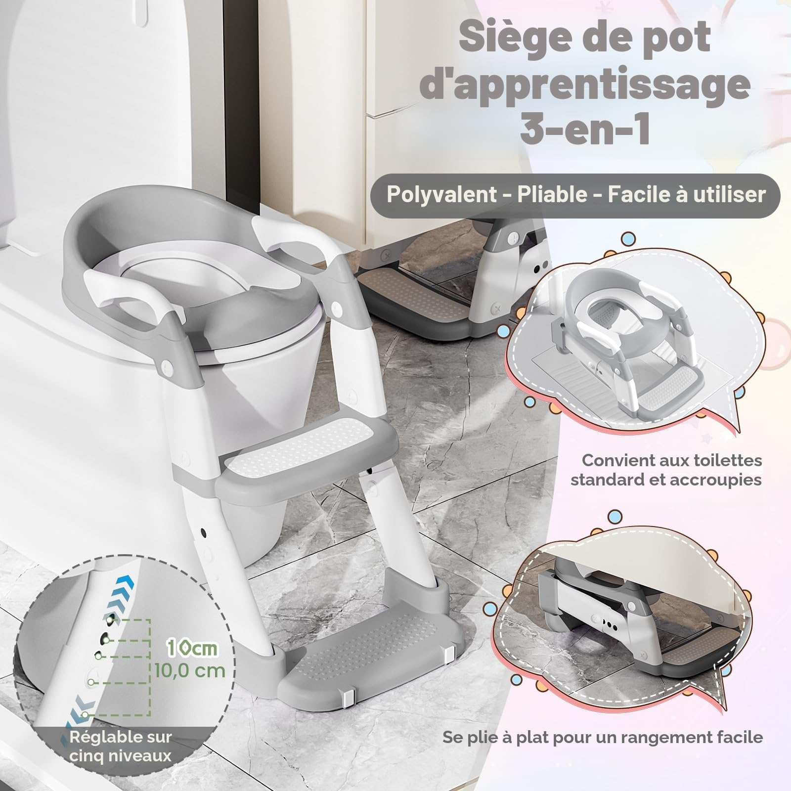 Reducteur Toilette Enfant, 3 en 1 Rehausseur Toilette Enfant avec Marche Réducteurs de Toilettes Propreté Apprentissage Adaptateur Abattant WC Siège WC à Hauteur Réglable, Antidérapant, Pot Amovible