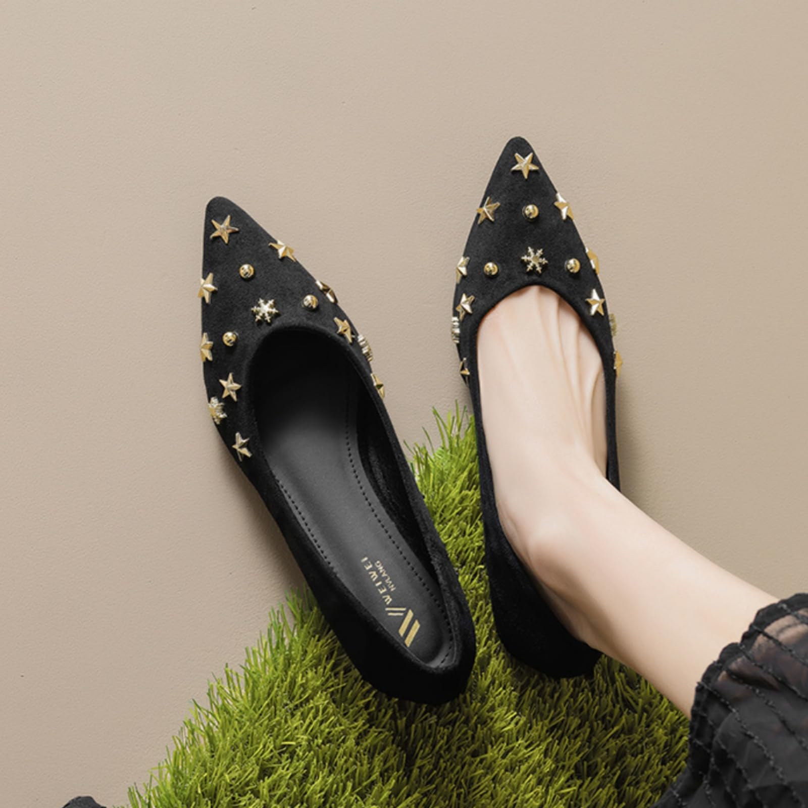 Damskie Antypoślizgowe Baleriny Z Ostrym Noskiem, Eleganckie Zamszowe Buty Z Ozdobną Gwiazdką, Wsuwane Na Co Dzień, Na Imprezy I Do Tańca