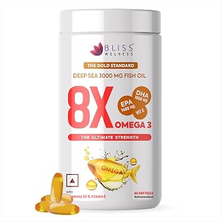 Bliss Welness 8X Strength Omega 3 Fish Oil Capsules | Highest Active Omega-3 Concentration - 3000mg Fish Oil Supplement wi... Price In India