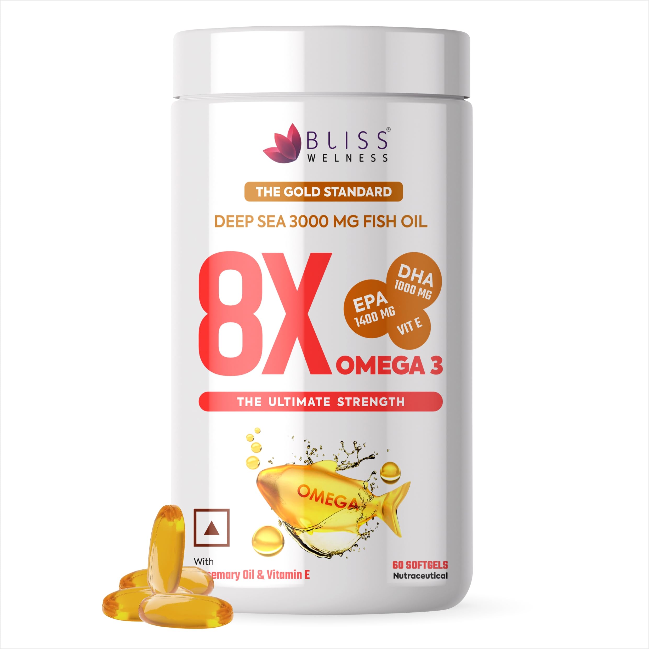 Bliss Welness 8X Strength Omega 3 Fish Oil Capsules | 3000mg Fish Oil with 1400mg EPA & 1000mg DHA | Muscle, Heart, Brain, Eyes & Joints Health Support | No Fishy Burps | 60 Softgel Capsules-image-28