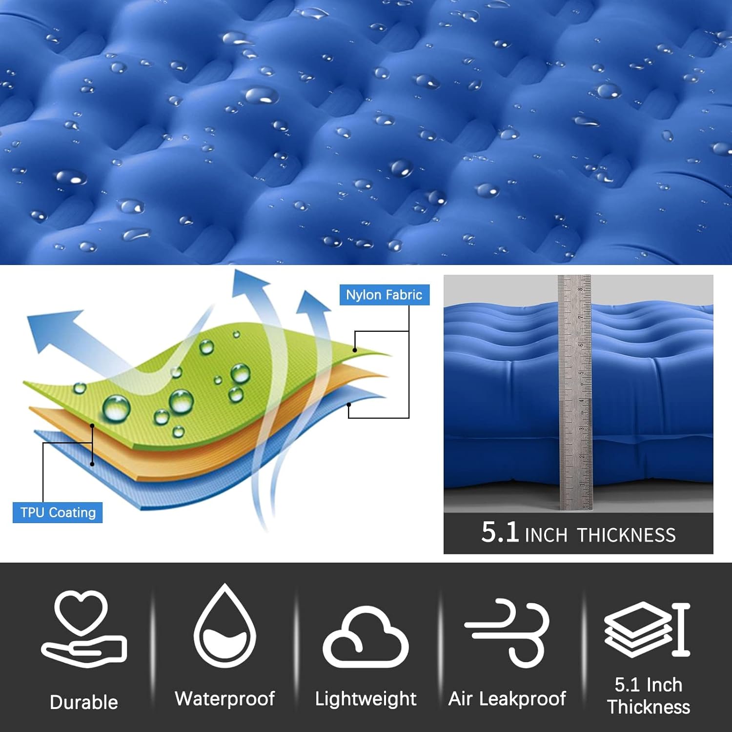 Inflatable Sleeping Pad for Camping Ultralight Sleeping Mat with Built-in Foot Pump 5.1" Extra-Thick Camping Mattress Pad for Backpacking Hiking Tent Traveling