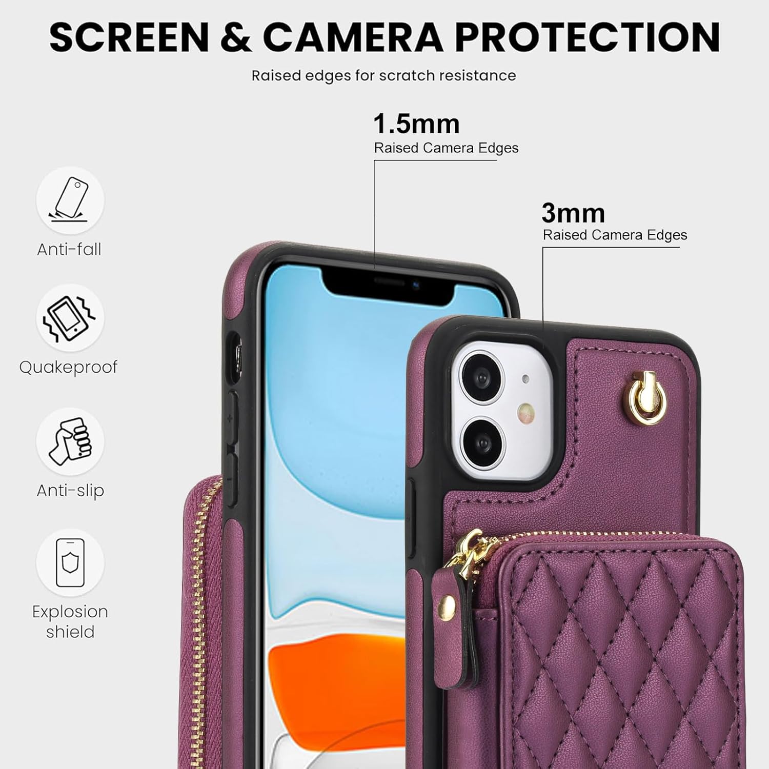 Phone Case for iPhone 11 6.1 Wallet Cell Cover with Tempered Glass Screen Protector Wrist Crossbody Strap RFID Blocking Card Holder iphone11case iPhone11 i Phone11 11s XI 11R Women Girls Dark Purple