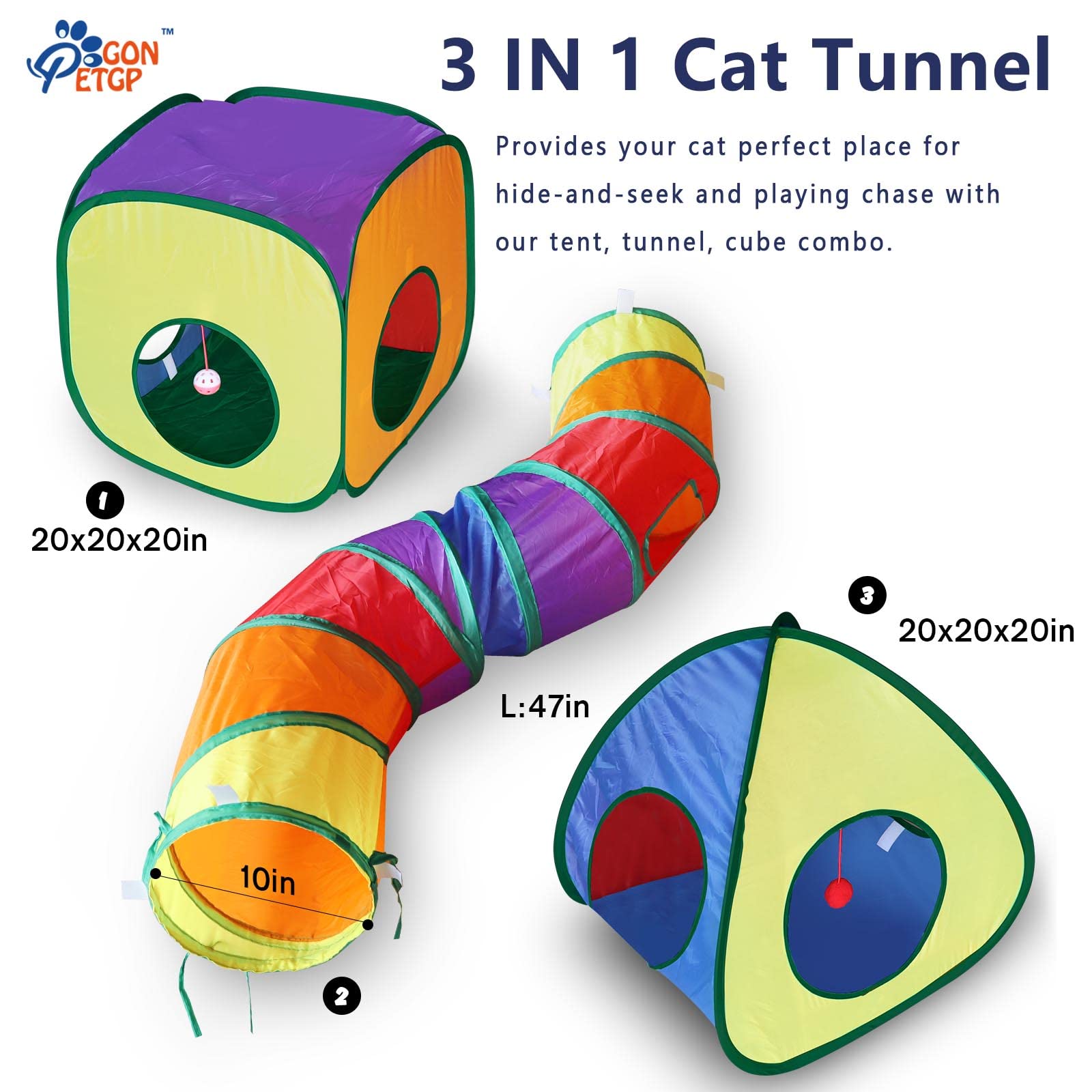 GONPETGP Cat Tunnels for Indoor Cats with Cube Tent Toys Combo, Pop Up Collapsible Crinkle Interactive Peek Hole, Cat Tube with Play Ball and Bell for Kitten, Puppy, Kitty, Rabbit - Set of 3