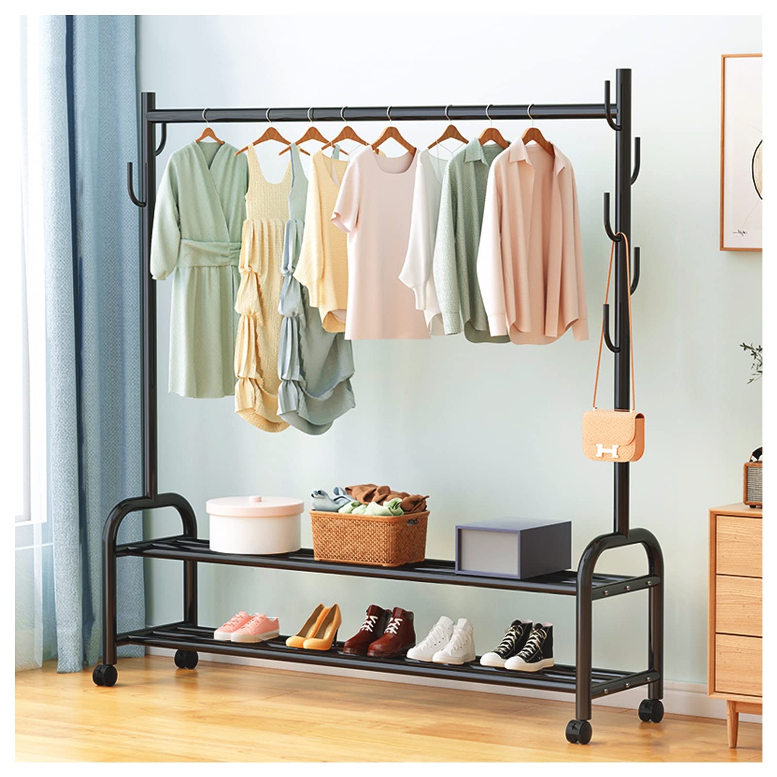 Clothes Rod Rack Shoe Bench Coat Stand Rack Hanger Clothes Rack with Shelves Free-Standing Garment Rack with Wheels
