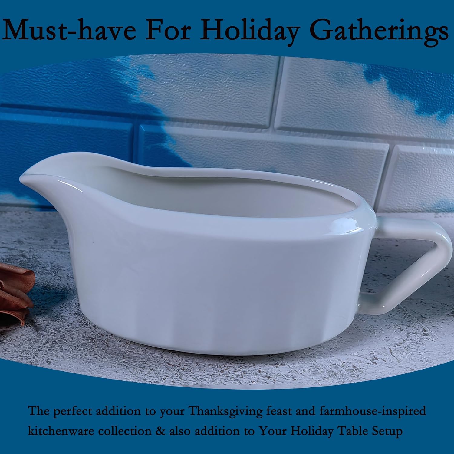 TripDock Large Capacity Gravy Boat-24 Oz Thanksgiving Farmhouse Gravy Boat/White-Perfect Addition to Your Holiday Table Setup