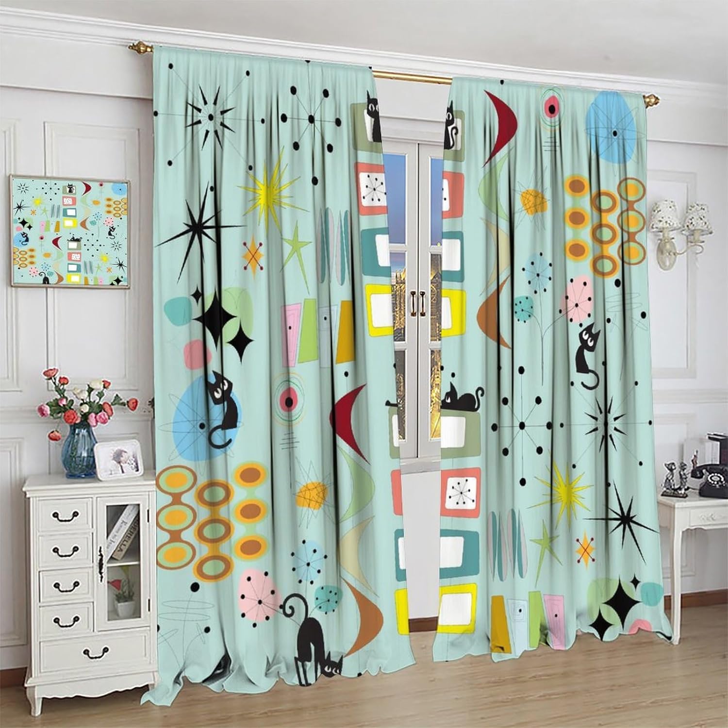 Mid Century Blackout Curtains,Black Cat Retro Atomic Boomerangs Abstract Geometric Iconic 60s Vintage Aesthetics Pattern 2 Panel Rod Pocket Window Drapes for Living Room Bedroom Decor 21"W X 45"L