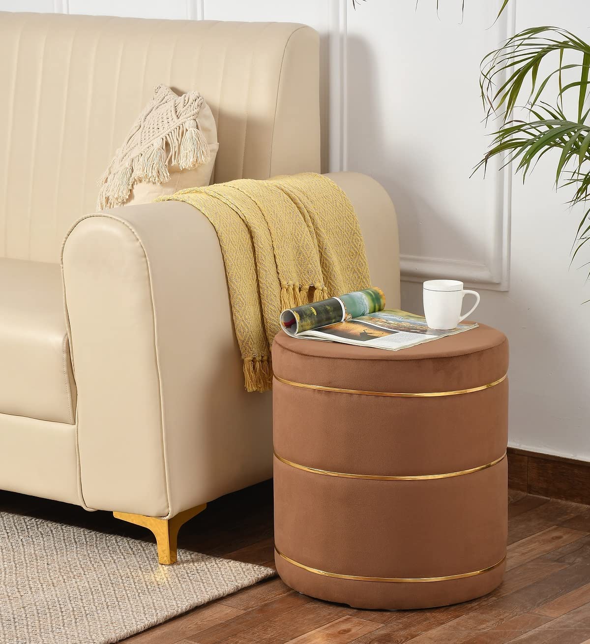 Ereteken ART Multifunctional Vanity Stools - Velvet Round Ottoman Modern Dressing Stool -Upholstered Footrest Stool - Side Table Footstool for Living Room, Bedroom-Brown