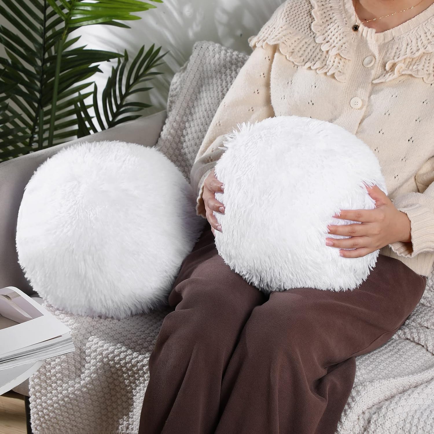 Brownmonkey 2 Pieces Round Plush Ball Throw Pillow Soft Circle Decorative Spherical Fuzzy Pillows 10 Inch for Bedroom Living Room Office School Couch Chair Bed Decorations (White, 10x10)-image-15
