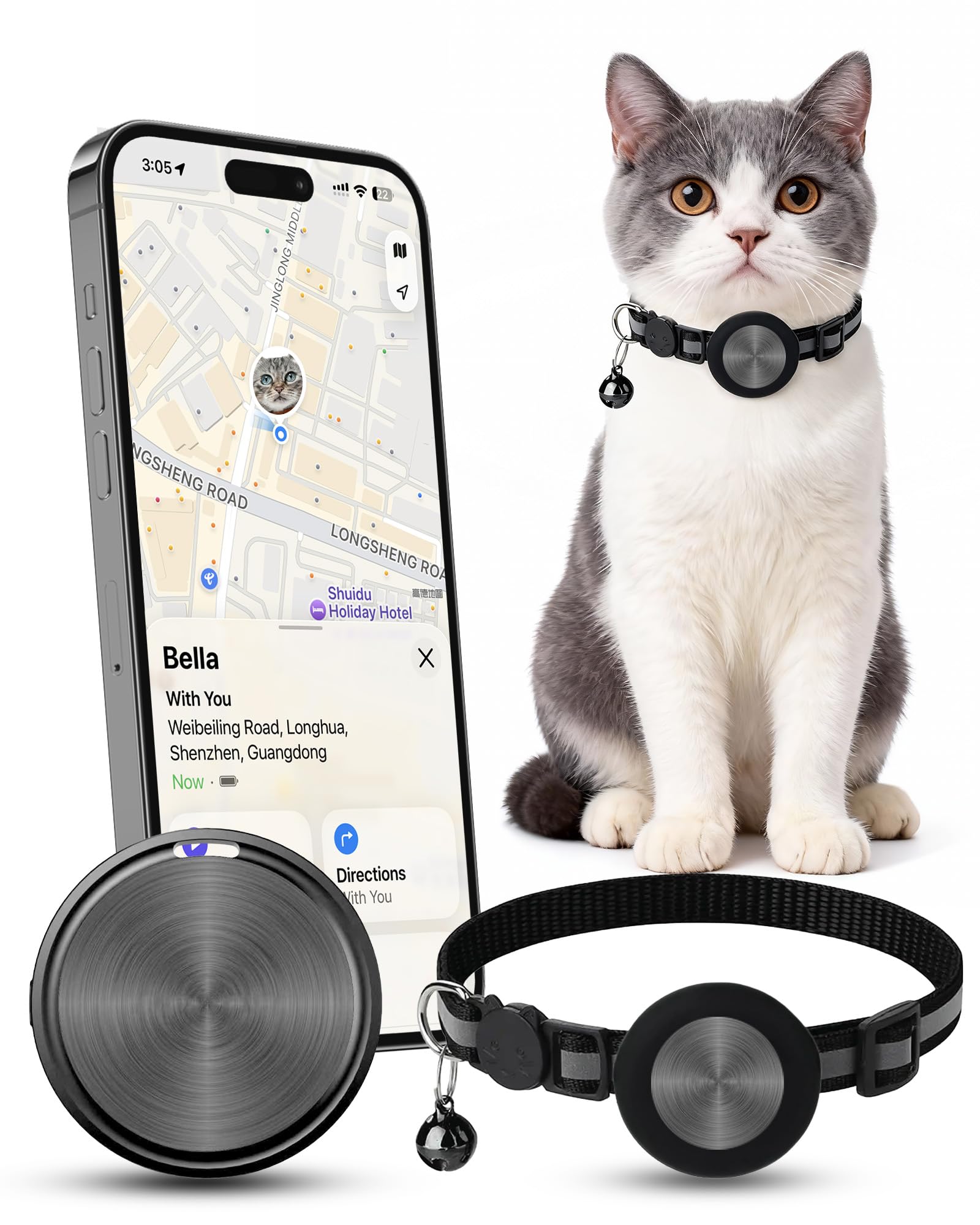 Cat Tracker Collar for iPhone, GPS Cat Tracker Alternative, Works with Apple Find My, No Monthly Fee, Pet Tracker for Cats