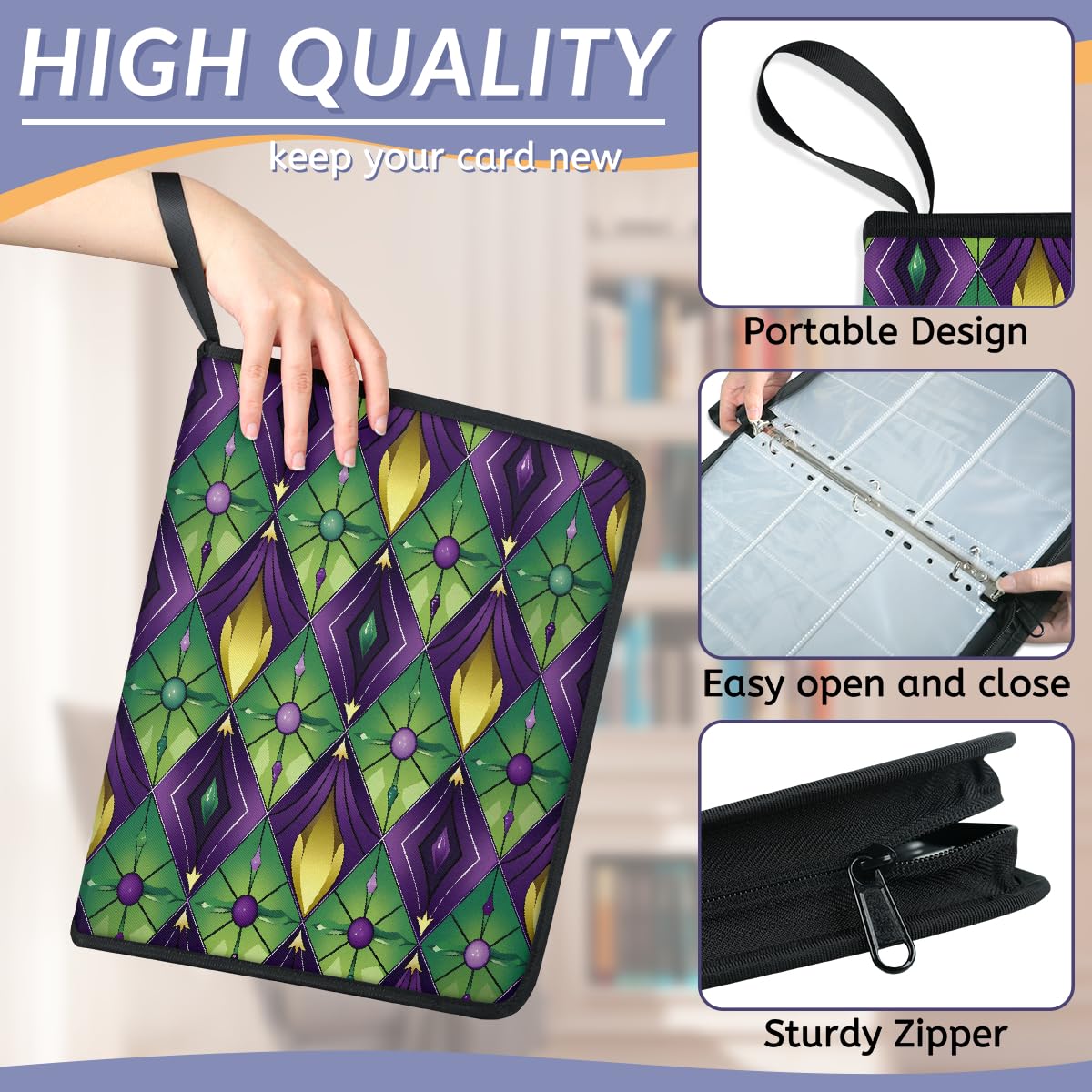 Classeur pour cartes à collectionner - 9 pochettes - Vert et violet - Mardi Gras - Avec pochettes amovibles - Étanche - Avec fermeture éclair - Capacité de 50 pages et 900 cartes