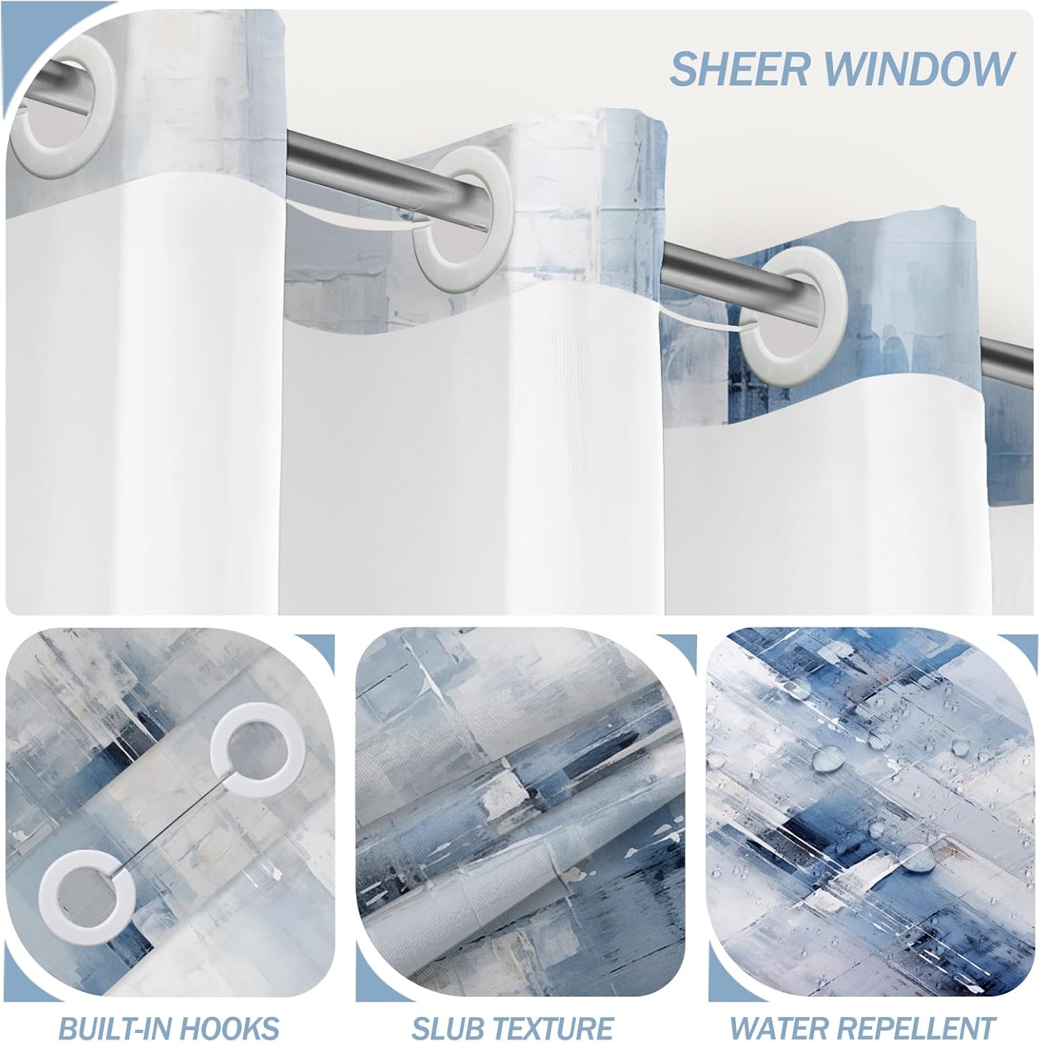 Hookless Shower Curtain with Snap in Liner, Blue No Hook Shower Curtain with Liner Set, Watercolor Abstract Bathroom Curtain with Liner and See Through Top Window Bathroom Decor Set 71x74 Inches