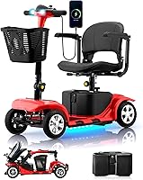 SKRT R100 Lightweight Portable Mobility Scooter for Seniors & Adults - 4-Wheel Electric with LED Headlights, Basket, Red