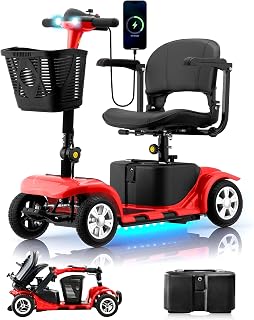 SKRT R100 Lightweight Portable Mobility Scooter for Seniors & Adults - 4-Wheel Electric with LED Headlights, Basket, Red