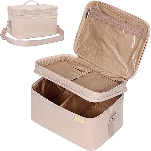 NISHEL Extra Large Double Layer Travel Makeup Bag Women, Cosmetic Organizer Case, Travel Essentials Accessories with Shoulder Strap for Bottles, Brushes, Conditioner, Skin Care Products, Pink