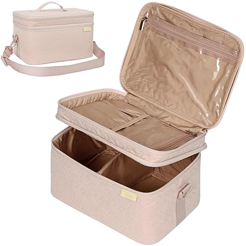 NISHEL Bolsa de maquillaje de viaje extra grande de doble capa para mujer, estuche organizador de cosméticos, accesorios esenciales de viaje con NISHEL Bolsa de maquillaje de viaje extra grande de doble capa para mujer, estuche organizador de cosméticos, accesorios esenciales de viaje con