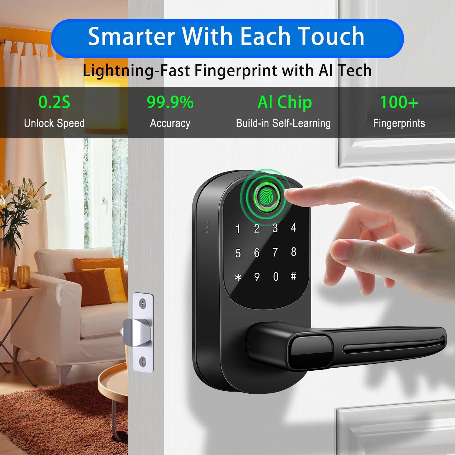 Smart Lock with Handle,Keyless Entry Door Lock,Digital Keypad Deadbolt with App Control, Fingerprint Unlock, PIN Code Unlock, Auto Locking,Smart Locks for Front Door/Exterior/Interior/Bedroom Doors