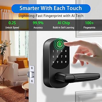 Smart Lock with Handle,Fingerprint Keyless Entry Door Lock,App Control,Keypad Deadbolt with Auto Lock,One-Time Codes,for Front Door,Airbnb & Rental Property,Easy Installation