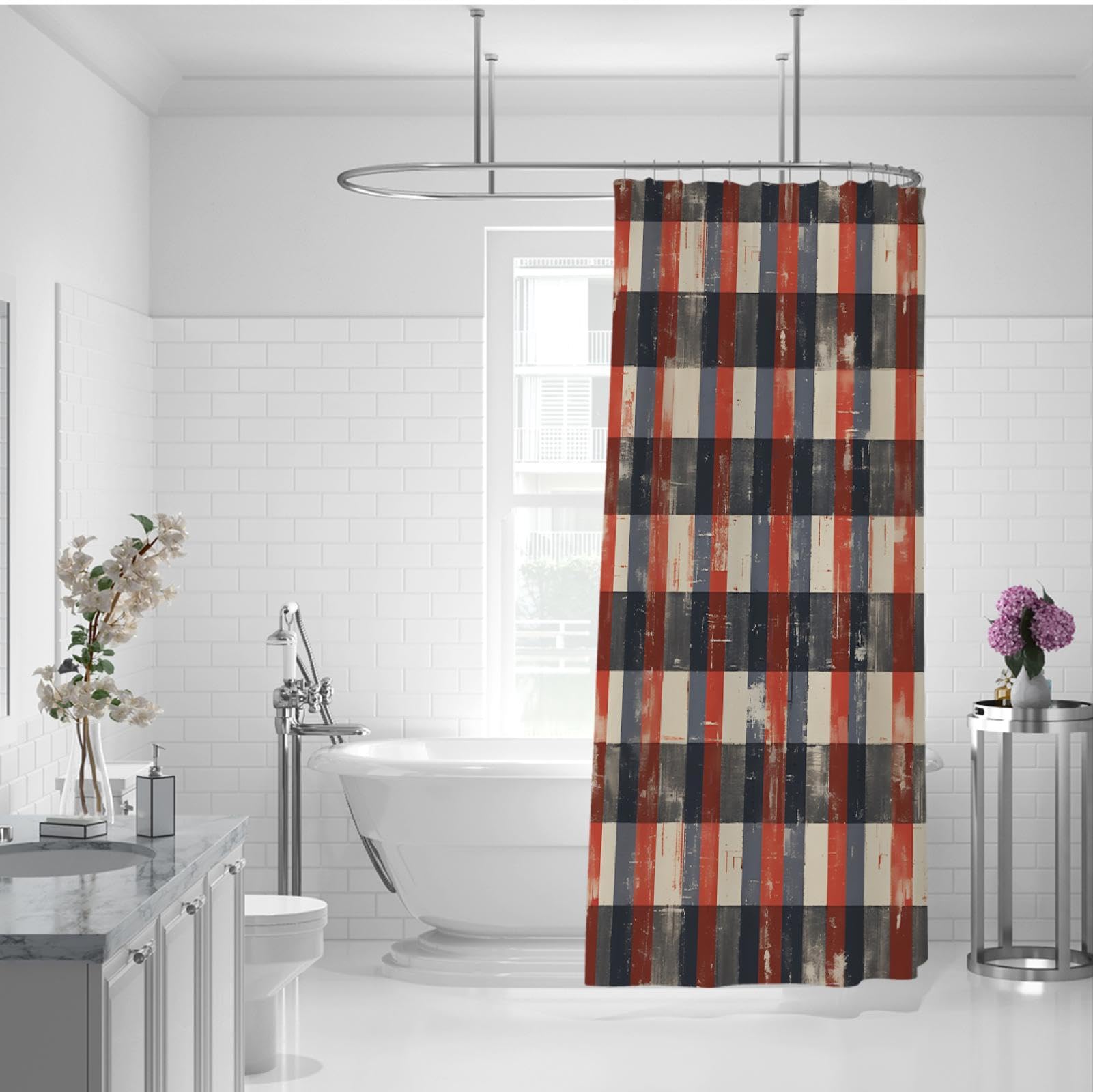 Géométrie rétro Rideau Douche Doublure Carreaux Rayures Salle Bain Cloison Rideau Décor Salle d’Eau avec Crochets Tissu Polyester imperméable 180 x 200 cm