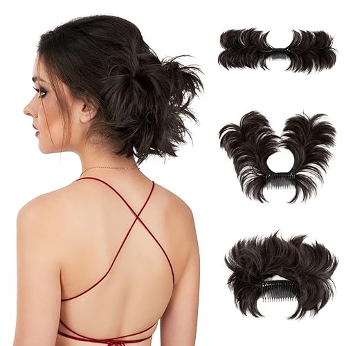 Miniatura 23 de Pieza de pelo de moño desordenado con peine lateral para mujer, clip en el moño de pelo para mujer, pelo corto natural liso, estilos ajustables Sal