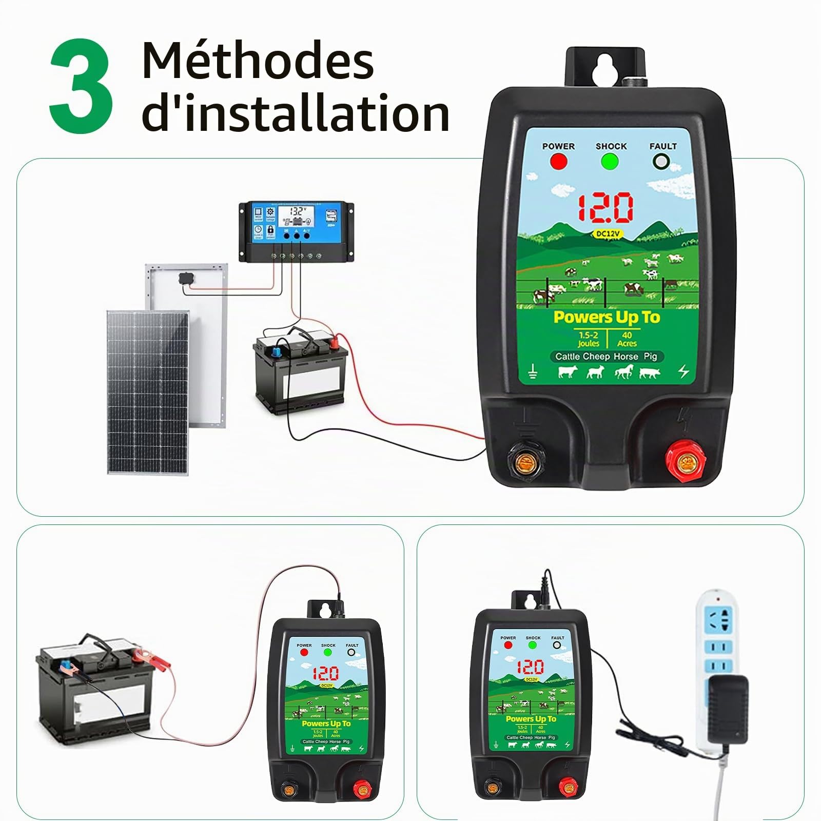 Cloture Electrique 12V avec Affichage LED, Électrificateur de Clôture Électrique pour Chiens Bovins Moutons Chevaux Animaux, Sortie 2J Haute Puissance Portée jusqu’à 10KM