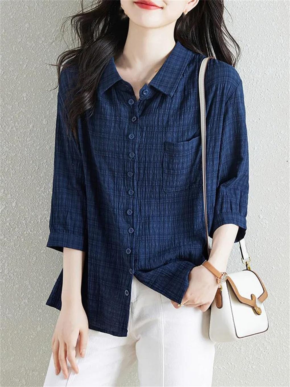 Camisa casual de algodón para mujer, vintage, a cuadros, media manga, holgada, para mujer