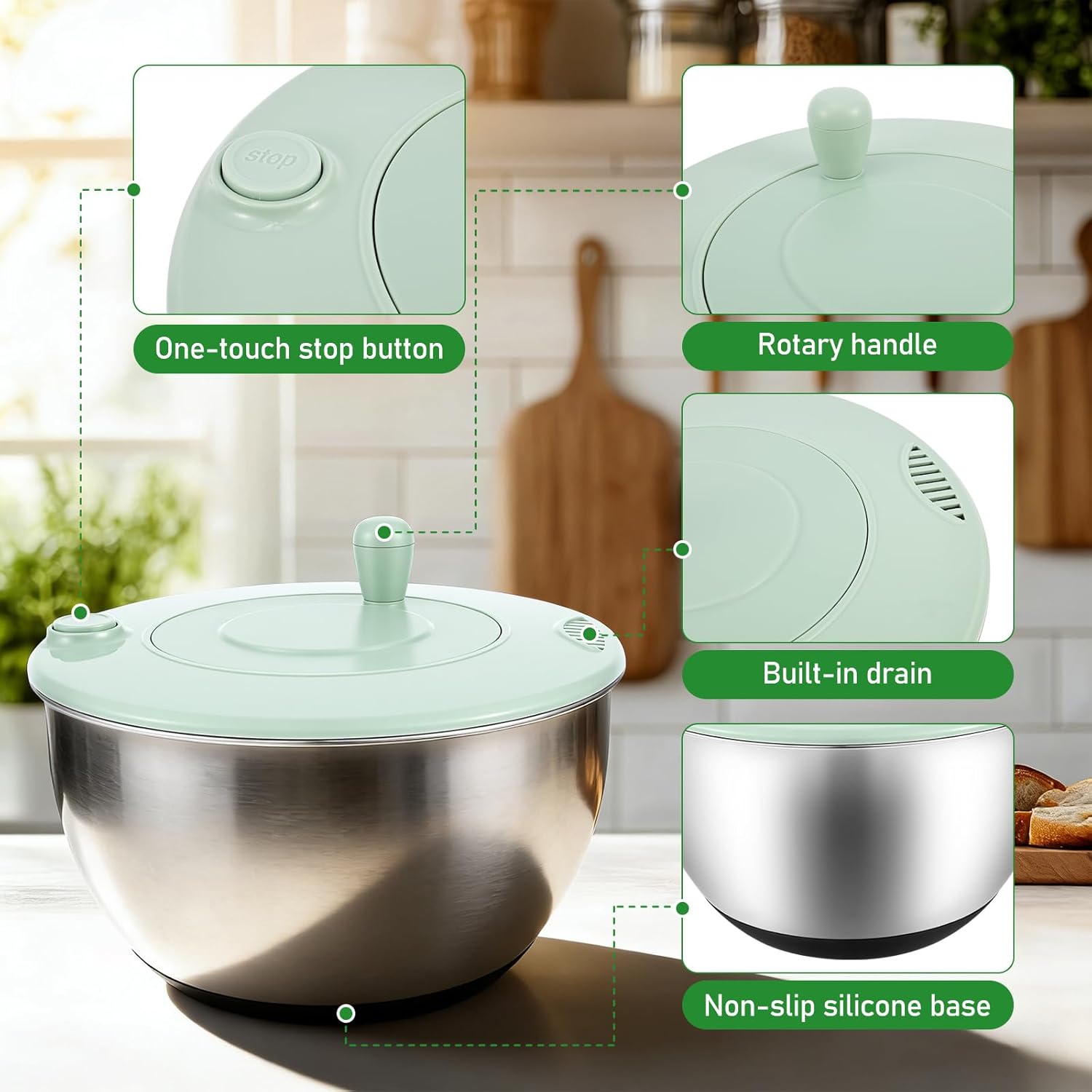 Stainless Steel Salad Spinner,4.2 QT Large Lettuce Washer Spinner with 5 Blade Slicer Non Slip Base for Kitchen Salad Vegetables(silver+green,4.2 QT)