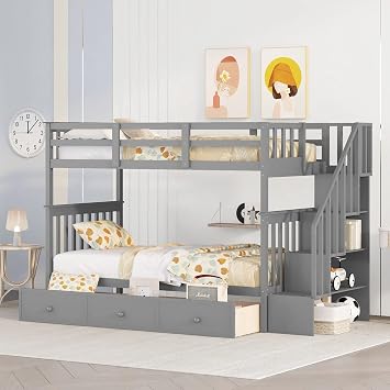 CITYLIGHT Twin Over Twin Bunk Beds with Staircase, Bunk Beds with Storage Drawers and Shelves for Kids, Teens,Adults,Grey