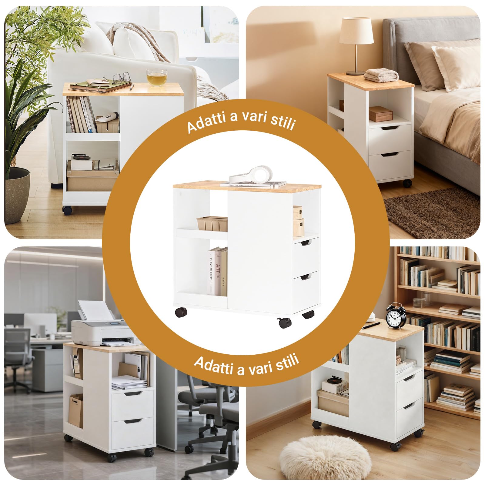 SoBuy Supporto per Stampante con Ruote – Mobiletto per Stampante con Cassetti e Vani, Tavolino Multifunzionale per Ufficio e Home Office, L60xP30xH60 cm, FBT130-WN