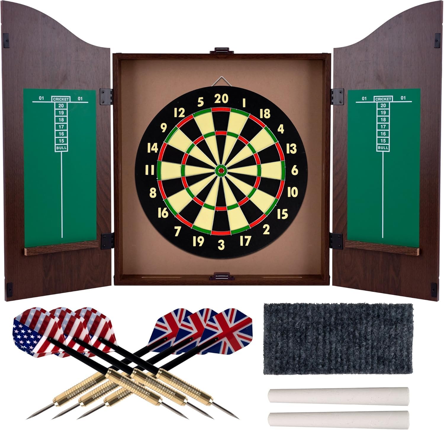 Jeu de fléchettes en bois massif avec cible en sisal auto-cicatrisant et cabinet de rangement