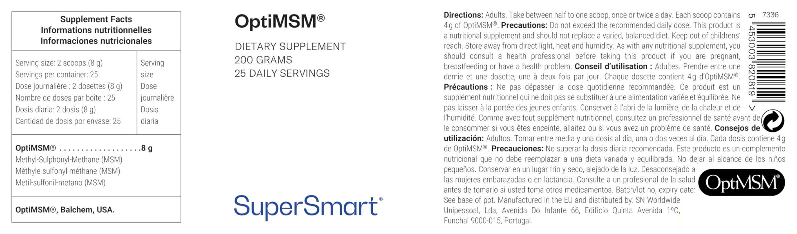 OptiMSM 200 G (Méthyle-sulfonyl-méthane) - Confort Articulaire - Aide à Atténuer les Douleurs Articulaires - Soufre Organique - Sans OGM - Vegan - Supersmart