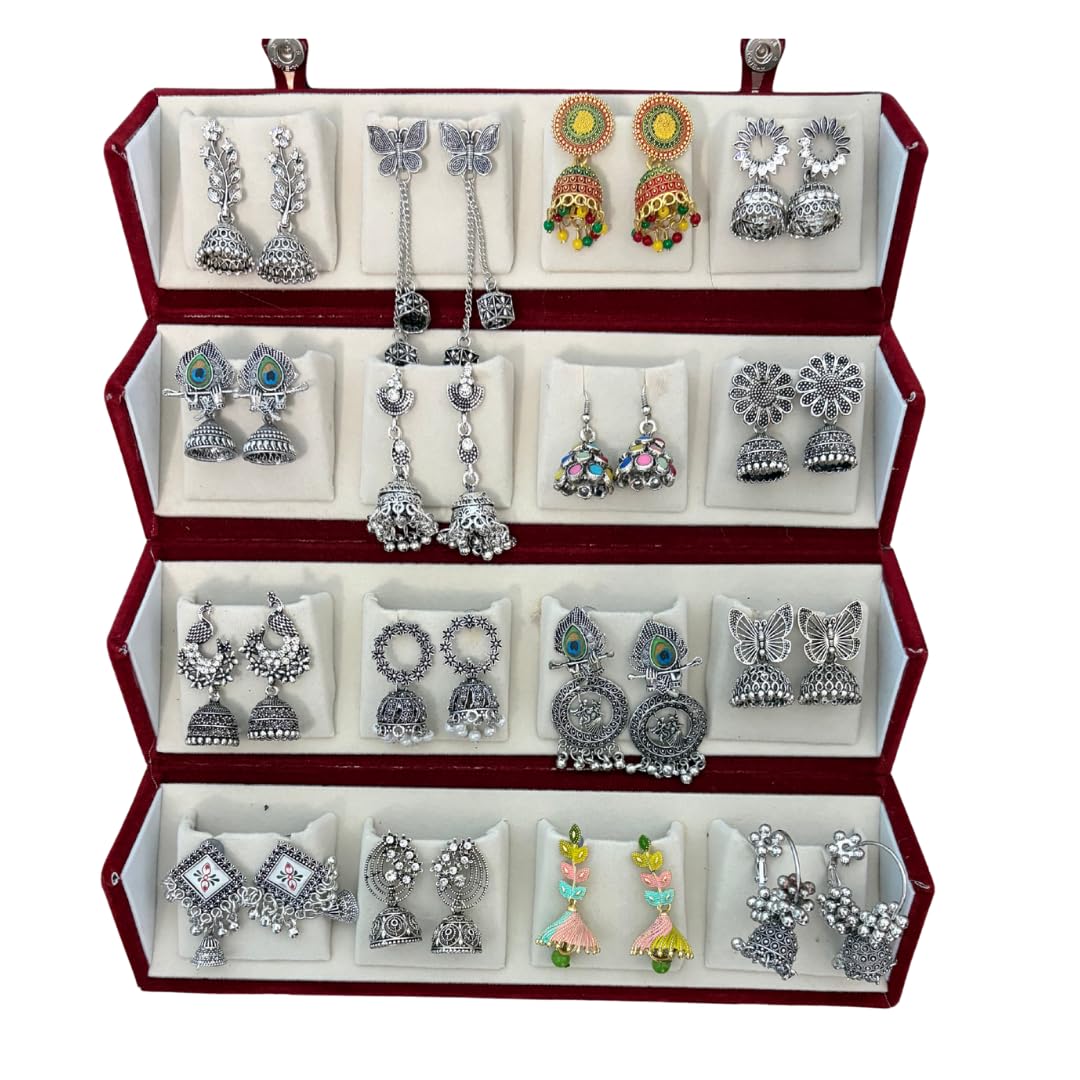 Oxidised Silver Look Jhumka Earrings Box for Women | 16 Pairs Traditional Ethnic Jhumki Combo Gift Hamper with Velvet Box | Festive Wedding Jewellery | Gift For Women