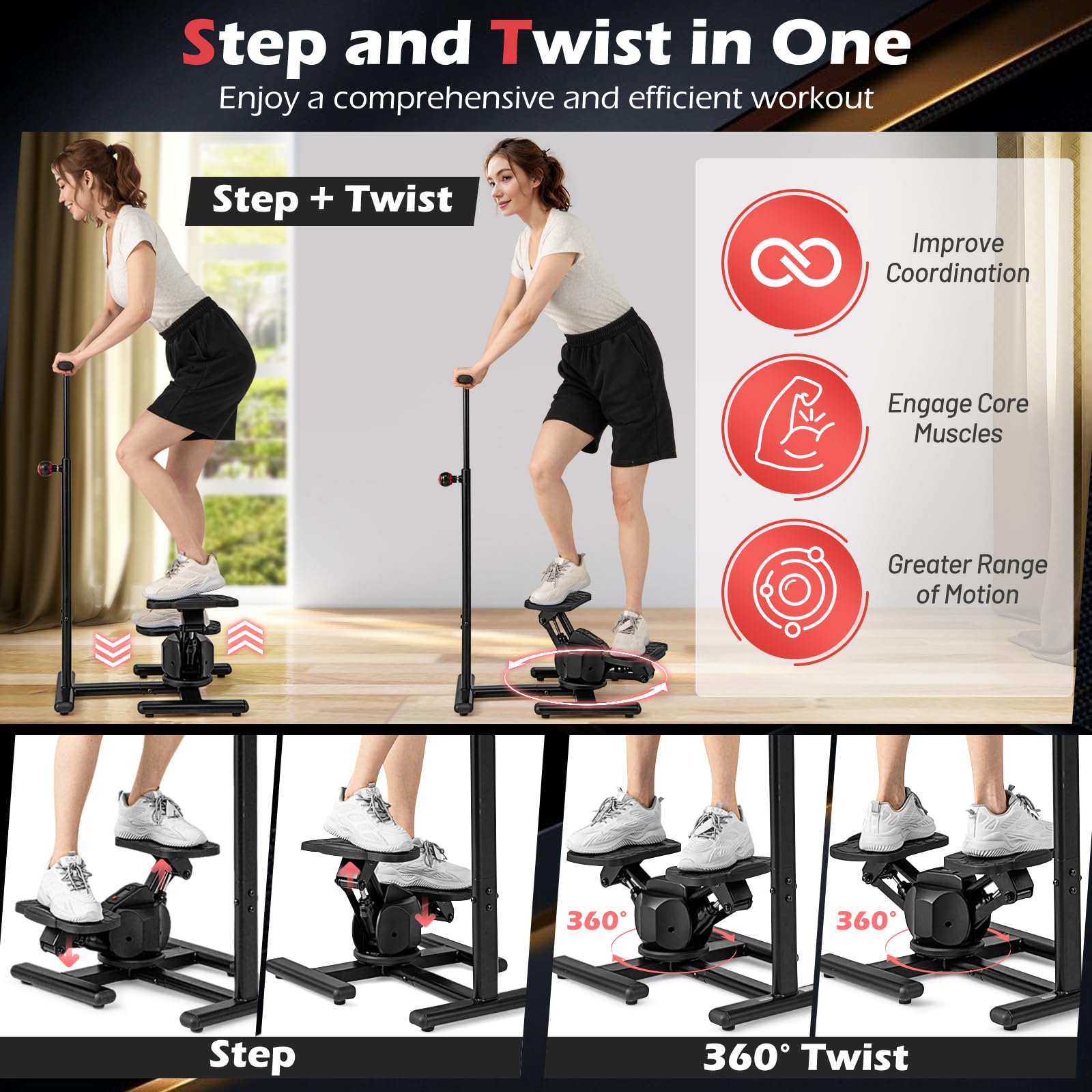 KOMFOTTEU Step Fitness CASA avec Guidon réglable en Hauteur, Entraîneur pour l'Entraînement Physique et Exercice, Pédales antidérapantes, Écran LCD, Appareil de Fitness pour Maison & Bureau, Noir
