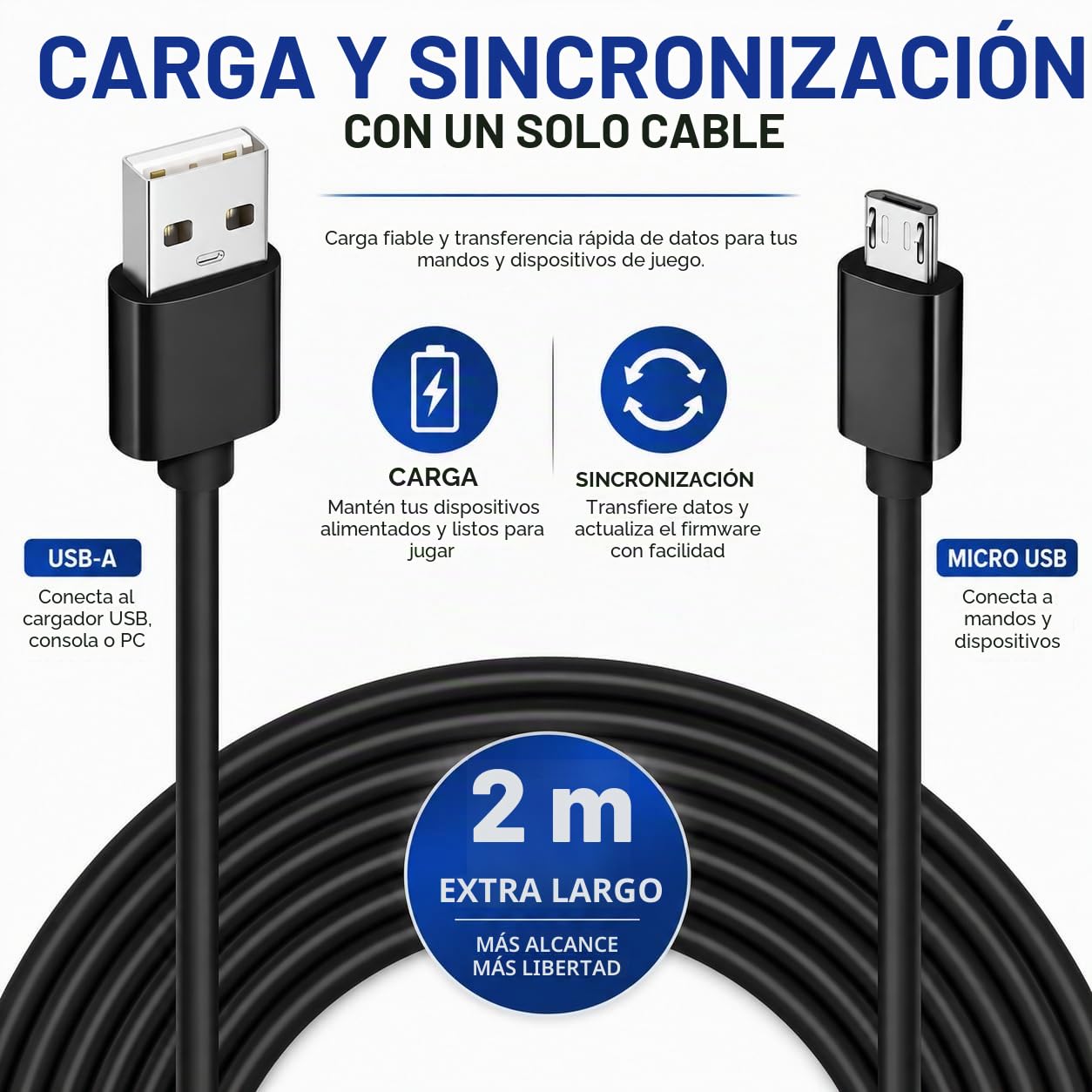Dragon Trading Cable USB 2 m Carga Rápida para Mando PS4 DualShock 4 y Xbox One – Play & Charge, Largo y Resistente, Compatible con Carga en Modo Reposo